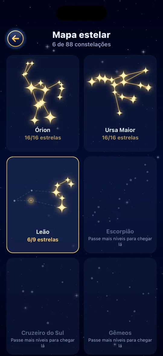 Mapa estelar do Comet Out: Órion e Ursa Maior completas, Leão a meio