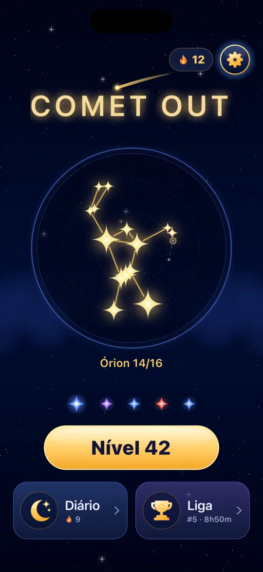 Tela inicial do Comet Out com a constelação de Órion, o botão do nível e os cartões Diário e Liga
