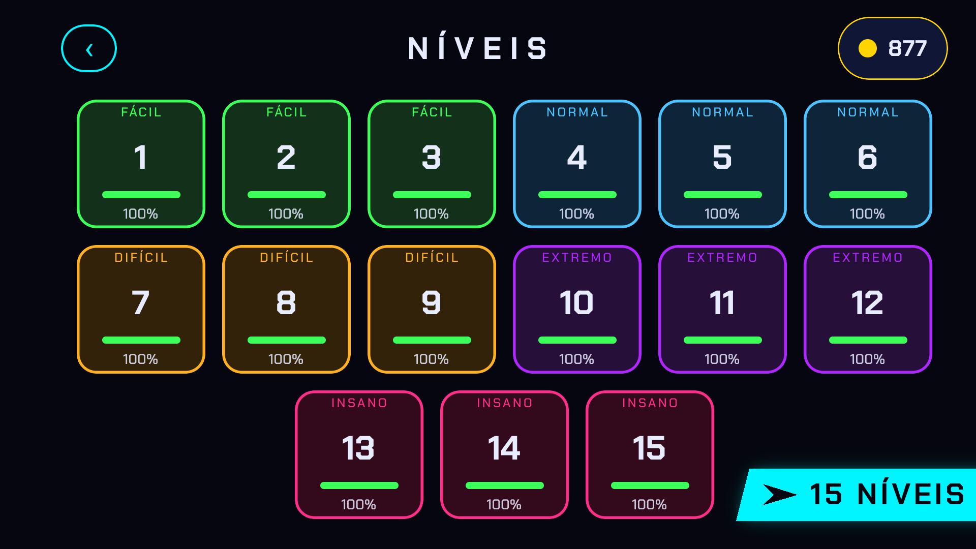 Tela de seleção dos 15 níveis do Rasante