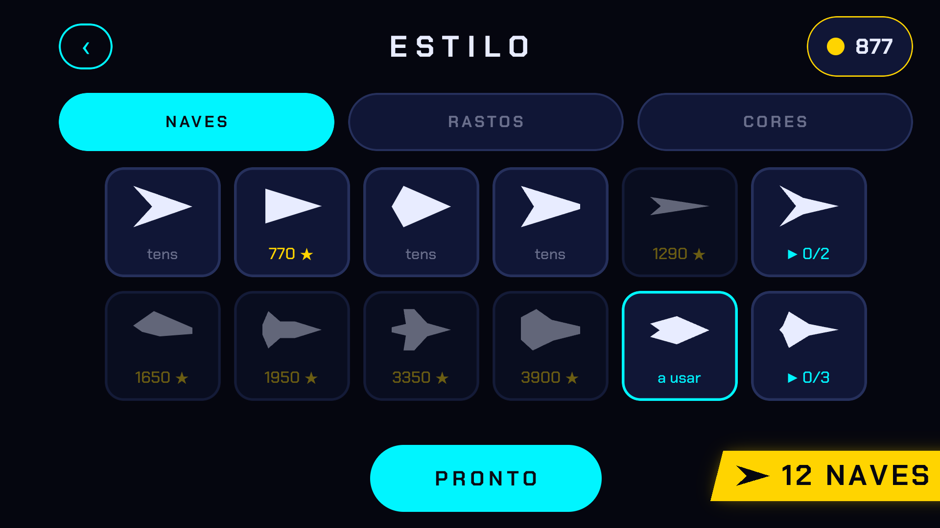 Tela de estilo do Rasante: naves, cores e rastros para desbloquear